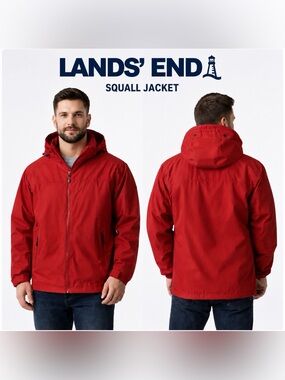 Lands’ End Squall Jacket Mens L Red Hooded Wind Water Resistant Full Zip Coat
